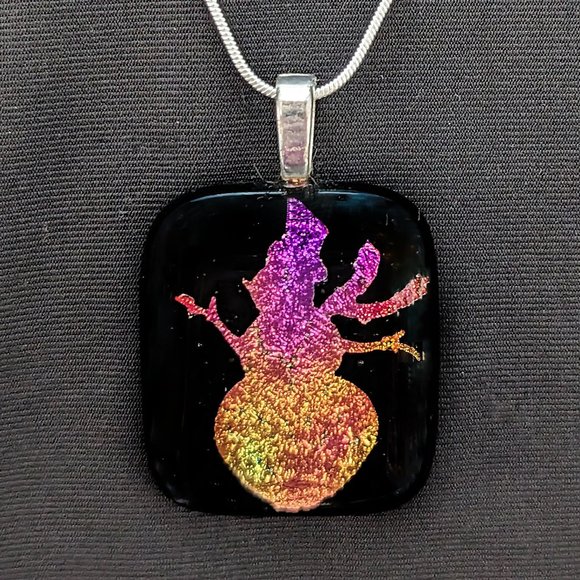 Rula Glass Jewelry - Signed Large SNOWMAN Etch Pink & Purple Dichroic Glass Pendant w/Sterling Chain